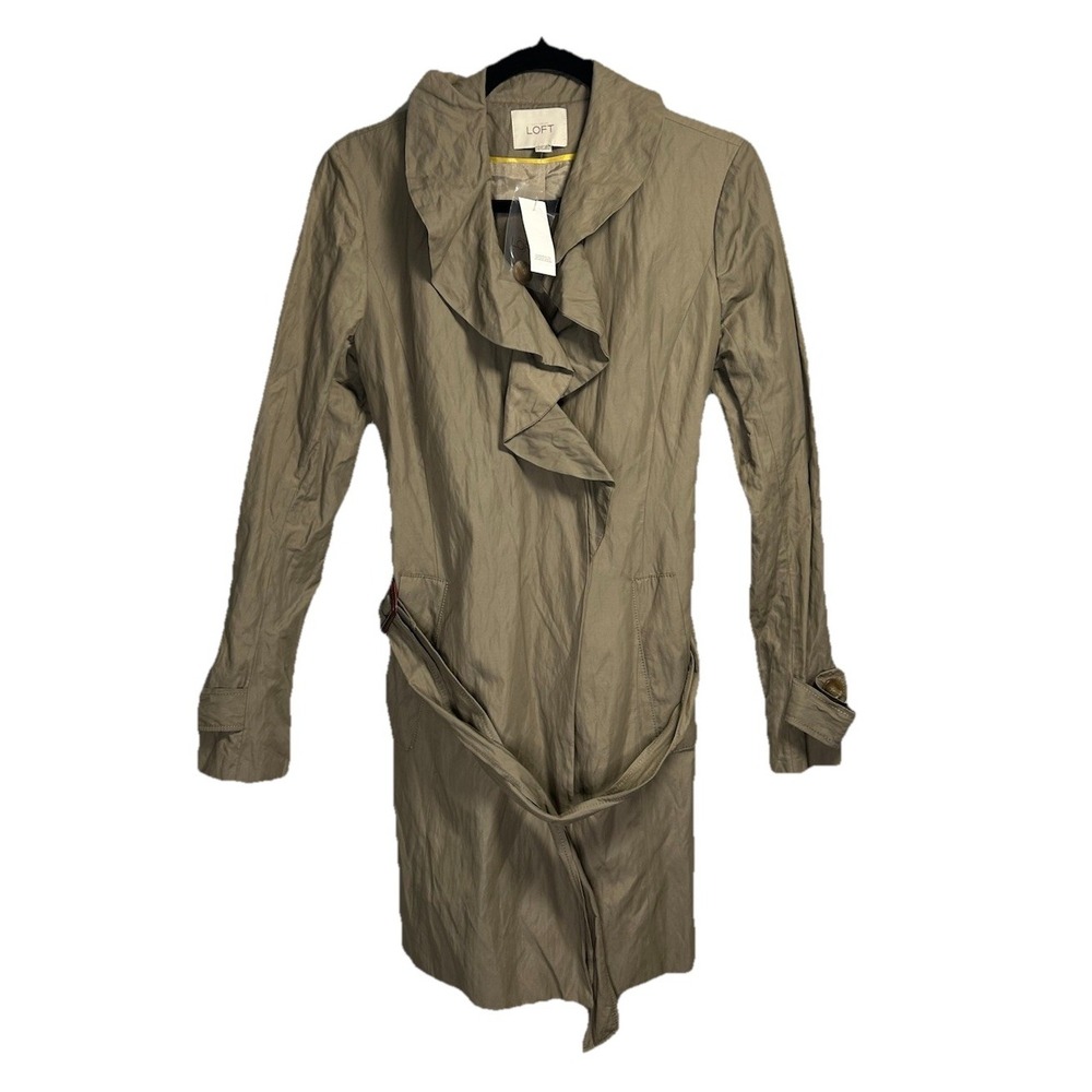 New Ann Taylor Loft Trench Coat Women's Small Brown‎ Belted Ruffle Neck Nylon
